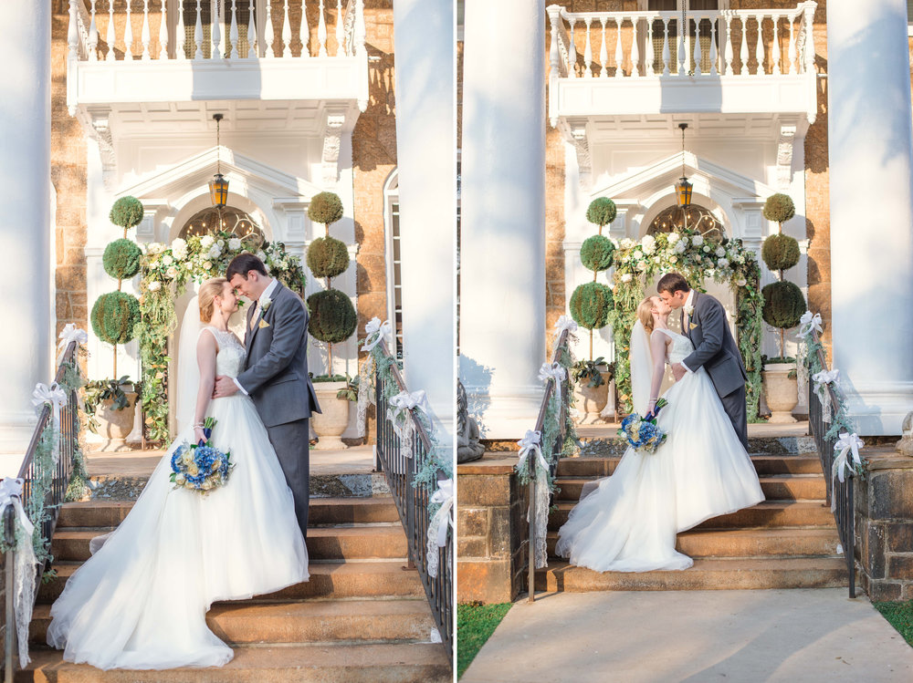 wedding portraits on the steps of the gassaway mansion. The couple is embracing, kissing, and the groom is dipping the bride back romantically.