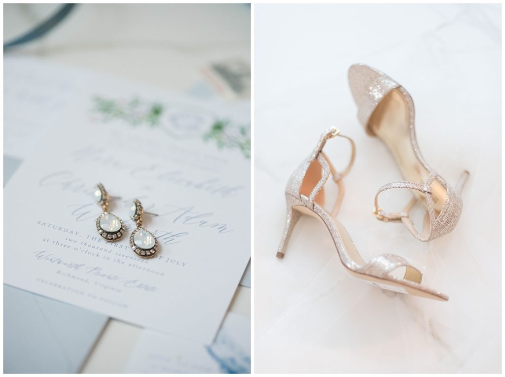 Bridal Details - gold sparkly michael kors shoes and gold earrings with diamons