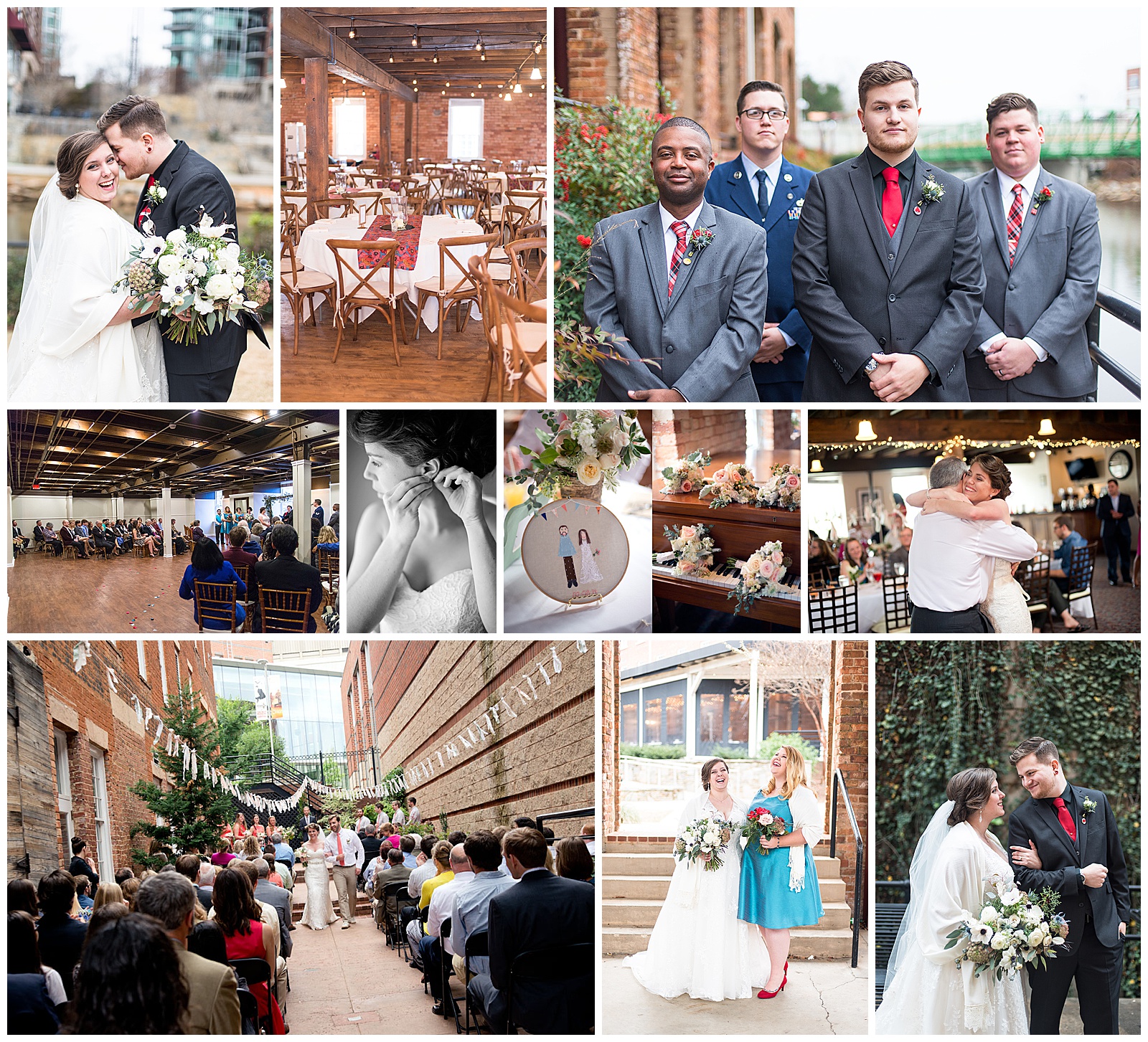 wedding & reeption images at larkins on the river. There is exposed brick inside and downtown views outside