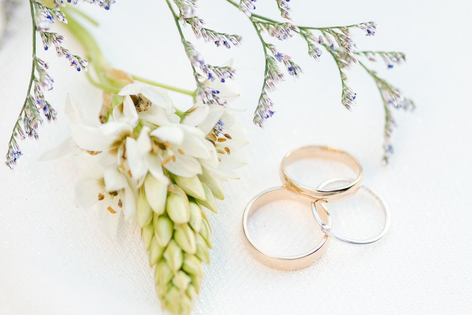 gold wedding rings next to a budding flower stem and lavendar