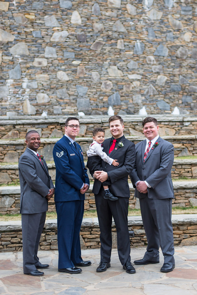 A groom and 3 groomsmen at the Wyche Pavilion in Greenville, SC